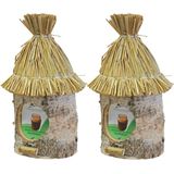 2x stuks vogelhuisje/voederhuisje/pindakaashuisje berkenhout met stro dak 36 cm - Vogelvoederhuisje - Vogel voederstation