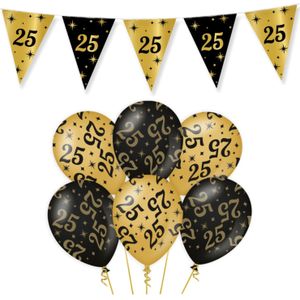 Leeftijd verjaardag feestartikelen pakket vlaggetjes/ballonnen 25 jaar zwart/goud - 12x ballonnen/2x vlaggenlijnen