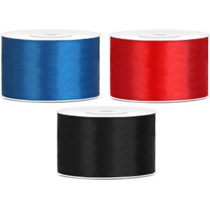 Sierlinten/cadeaulinten/satijnen linten - Set 3x stuks - blauw/rood/zwart - 38 mm x 25 meter