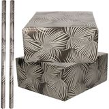 2x Rollen folie inpakpapier/cadeaupapier metallic zwart/zilver met bladeren 70 x 200 cm - Kadopapier/cadeaupapier