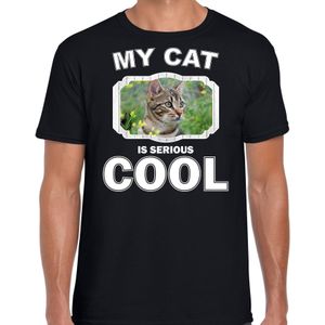 Bruine kat katten t-shirt my cat is serious cool zwart - heren - katten / poezen liefhebber cadeau shirt