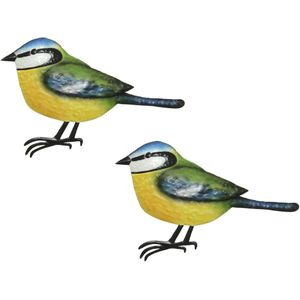 2x stuks decoratie vogel/muurvogel Pimpelmees voor in de tuin 38 cm - Tuindecoratie dierenbeeldjes - Tuinvogels/muurvogels