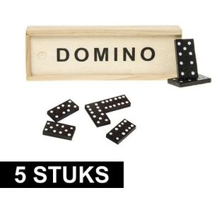 5x Domino Spel In Houten Kistje - 15 X 5 X 3 cm - 28 Dominostenen