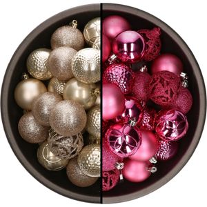 Bellatio Decorations Kerstballen mix - 74-delig - parel champagne en fuchsia roze - 6 cm - kunststof