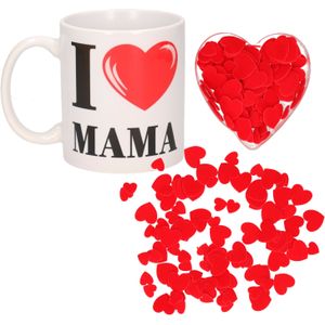 Valentijnsdag cadeau set koffie mok/beker Mama met deco strooi hartjes - Hartjes/liefde thema