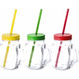 12x stuks Glazen Mason Jar drinkbekers met dop en rietje 500 ml - 4x geel/4x groen/4x rood - afsluitbaar/niet lekken/fruit shakes