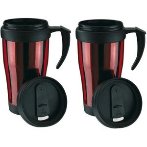 2x Thermosbeker/warmhoudbeker rood/zwart 400 ml - Thermo koffie/thee bekers dubbelwandig met schroefdop 2 stuks