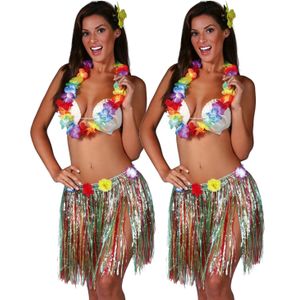 Fiestas Guirca Hawaii verkleed set - 2x - volwassenen - multicolour - rokje/bloemenkrans/haarclip