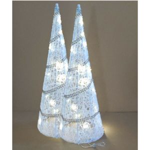 LED kegel/piramide kerstboom lamp - 2x - wit - rotan/kunststof - H39 cm