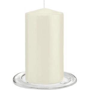 Trend Candles - Stompkaarsen met glazen onderzetters set van 2x stuks ivoor wit 8 x 15 cm