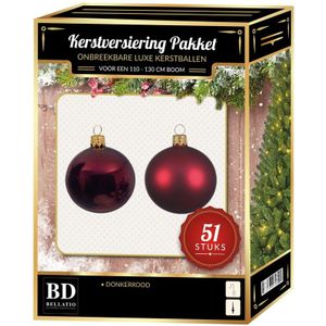 Kerstbal en ster piek set 51x donkerrood - voor 120 cm boom - Kerstboomversiering donkerrood