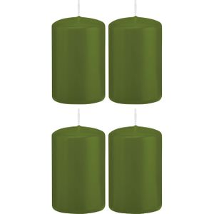 4x Olijfgroene cilinderkaarsen/stompkaarsen 5 x 8 cm 18 branduren - Geurloze kaarsen olijf groen - Woondecoraties