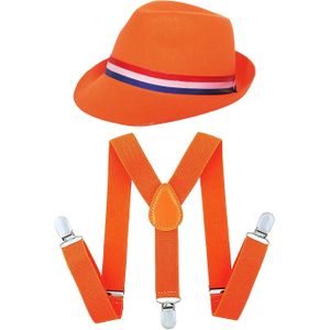 Koningsdag/Sport verkleed set compleet - hoedje en bretels - oranje - heren/dames - verkleedkleding - supporters Nederland