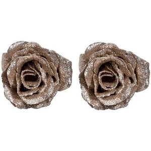 2x Champagne roos met glitters op clip 7 cm - kerstversiering rozen