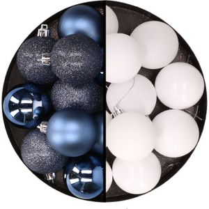 24x stuks kunststof kerstballen mix van donkerblauw en wit 6 cm - Kerstversiering