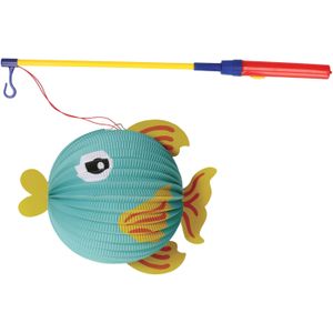 Bol lampion vis - blauw - H25 cm - papier - met lampionstokje - 40 cm