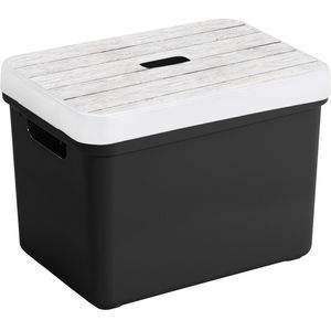 Sunware Opbergbox - zwart - 18L - kunststof met houtkleur deksel
