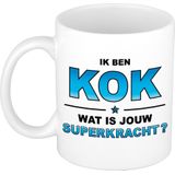 Ik ben kok wat is jouw superkracht mok / beker - wit met blauwe tekst - cadeau / verjaardag / beroepen