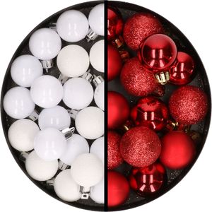 Kerstballen 34x st - 3 cm - wit en rood - kunststof