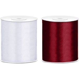 2x rollen satijnlint bordeaux rood-wit 10 cm x 25 meter - Hobby cadeaulint sierlint