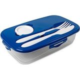 2x Lunchbox blauw met bestek 1 liter plastic - Salade to go - Paris - Luchtdicht/hermetisch afgesloten vershouddoos bakje - Mealprep - Maaltijden bewaren