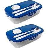 2x Lunchbox blauw met bestek 1 liter plastic - Salade to go - Paris - Luchtdicht/hermetisch afgesloten vershouddoos bakje - Mealprep - Maaltijden bewaren