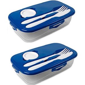 2x Lunchbox blauw met bestek 1 liter plastic - Salade to go - Paris - Luchtdicht/hermetisch afgesloten vershouddoos bakje - Mealprep - Maaltijden bewaren