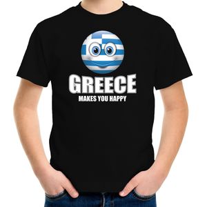 Greece makes you happy landen t-shirt Griekenland met emoticon - zwart - kinderen - Griekenland landen shirt met Griekse vlag - EK / WK / Olympische spelen outfit / kleding