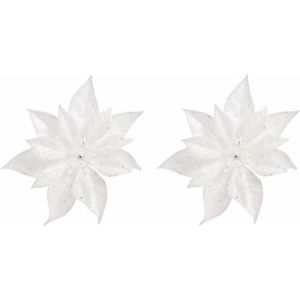 4x Kerstboomversiering bloem op clip witte kerstster 18 cm