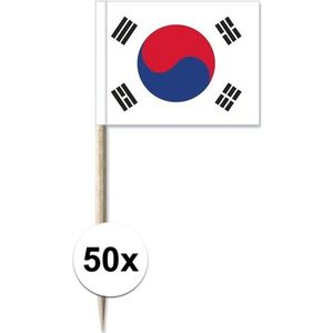 50x Cocktailprikkers Zuid-Korea 8 cm vlaggetje landen decoratie - Houten spiesjes met papieren vlaggetje - Wegwerp prikkertjes