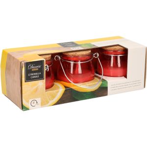 Decoris Citronella kaars - 3x - in rood glazen potje - 8 branduren - citrusgeur