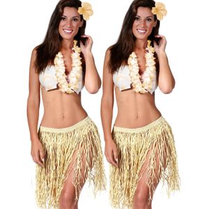 Fiestas Guirca Hawaii verkleed set - 2x - volwassenen - naturel - rieten rok/bloemenkrans/haarclip