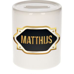 Matthijs naam cadeau spaarpot met gouden embleem - kado verjaardag/ vaderdag/ pensioen/ geslaagd/ bedankt