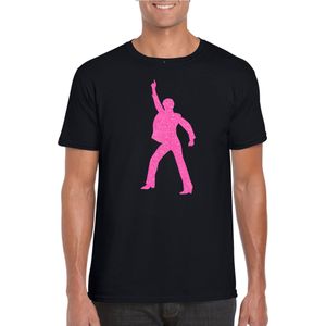 Bellatio Decorations Verkleed T-shirt heren - disco - zwart - roze glitter - jaren 70/80 - carnaval