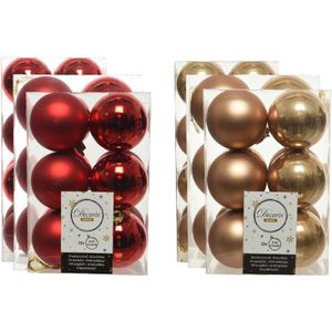 Kerstversiering kunststof kerstballen kleuren mix rood/camel bruin 4-6-8 cm pakket van 68x stuks