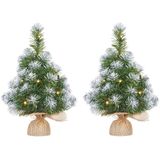 2x Mini kunst kerstboom met 10 LED lampjes en sneeuw 45 cm - Mini kerstboompjes