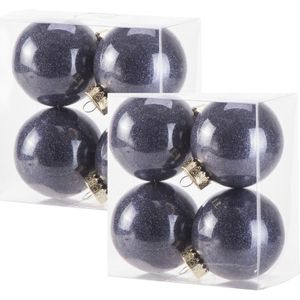 8x stuks kunststof kerstballen met glitter afwerking donkerblauw 8 cm - glitter finish - Kerstversiering/boomversiering