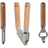 Excellent Houseware 3-delige keukengerei set - Opener/knoflookpers/schilmes - Hout/metaal