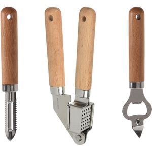 Excellent Houseware 3-delige keukengerei set - Opener/knoflookpers/schilmes - Hout/metaal