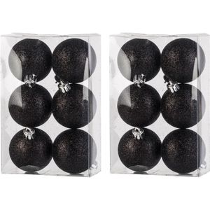 12x Zwarte kunststof kerstballen 6 cm - Glitter - Onbreekbare plastic kerstballen - Kerstboomversiering zwart