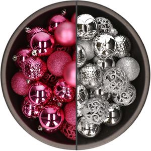 74x stuks kunststof kerstballen mix van fuchsia roze en zilver 6 cm - Kerstversiering
