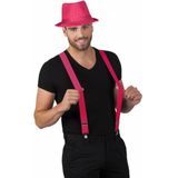 Carnaval verkleedset Partyman - glitter hoedje en bretels - fuchsia roze - heren - verkleedkleding