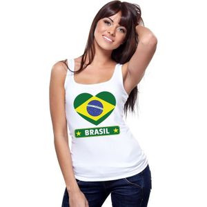 Brazilie singlet shirt/ tanktop met Braziliaanse vlag in hart wit dames