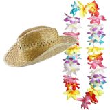 Carnaval verkleed set - Tropische Hawaii party - stro beach hoed - met gekleurde LED lights bloemenslinger