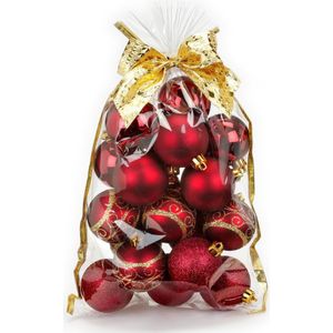 20x stuks kunststof/plastic kerstballen rood mix 6 cm in giftbag - Kerstboomversiering/kerstversiering