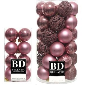 53x stuks kunststof kerstballen oudroze (velvet pink) 4 en 6 cm glans/mat/glitter mix - Kerstversiering