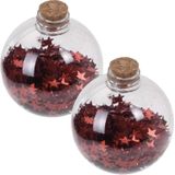 2x Transparante fles kerstballen met rode sterren 8 cm - Onbreekbare kerstballen - Kerstboomversiering rood