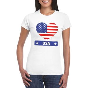 Amerika/ USA t-shirt met Amerikaanse vlag in hart wit dames