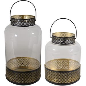 Set van 2x lantaarns/windlichten zwart/goud Arabische stijl 28 en 37 cm - Gebruik buiten/tuin/woonkamer - Thema Oosters/Arabisch