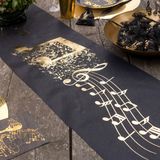 Santex muziek thema tafelloper op rol - 5 m x 30 cm - zwart/goud - non woven polyester